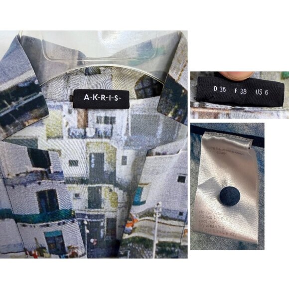 Akris Marina Grande Capri Port Print Cotton Shirt Top Blue Buildings Boats 6 - Picture 2 of 13